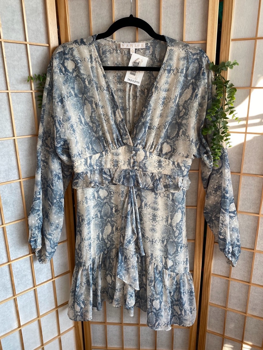 RAIDEE Blue Snake Print V-Neck Mini Dress